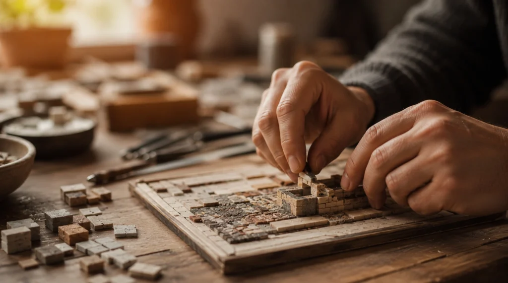 Hands carefully building a miniature model representing passion as a gradual process