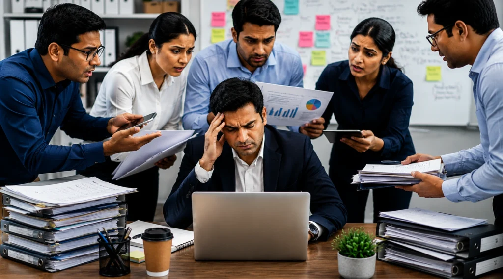 Overworked manager handling multiple tasks and employee requests in a busy office environment.