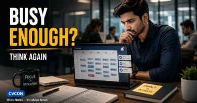Busy vs Productive at Work in a modern office professional reviewing a packed calendar.