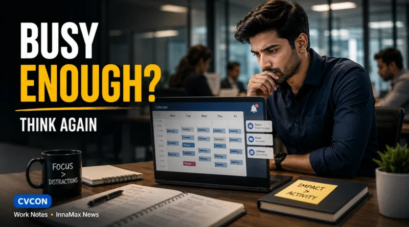 Busy vs Productive at Work in a modern office professional reviewing a packed calendar.