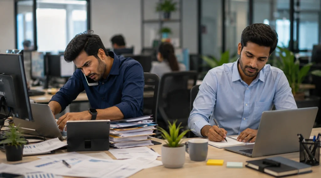 Two Indian professionals showing the difference between appearing busy and working with focus and clear priorities.