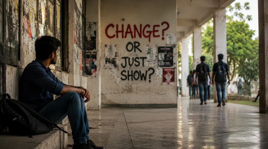 Student reflecting on the purpose of campus politics inside a university corridor
