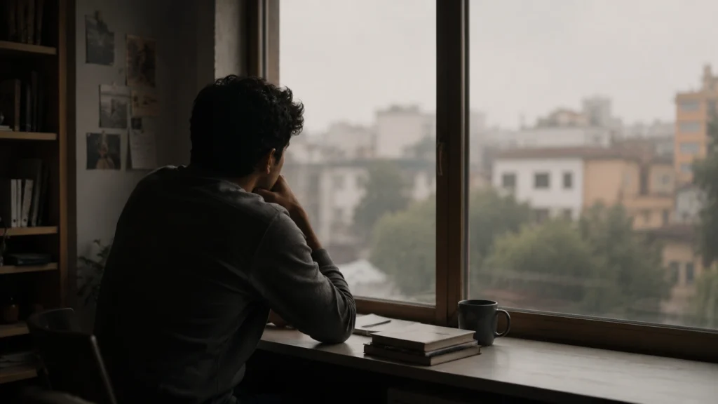 Young adult sitting by a window reflecting on career choices and future direction