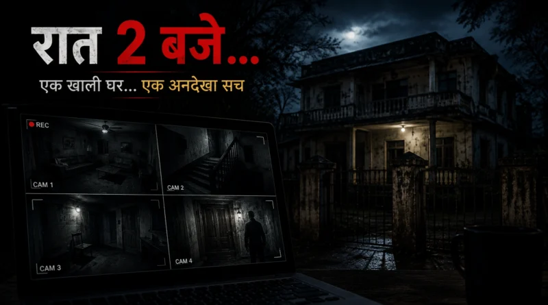 CCTV screen showing an empty house with a mysterious figure near the upstairs room at night.