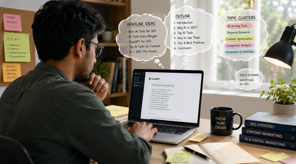 Content creator using ChatGPT to brainstorm SEO topics, headlines and content clusters