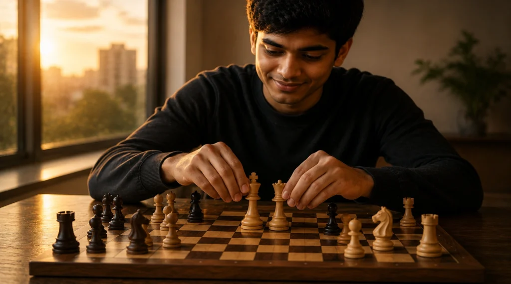 Young Chess player resetting the board after practice with confidence