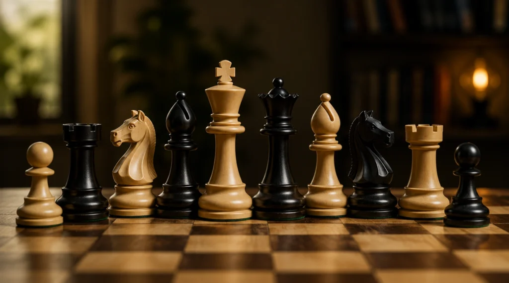 Chess pieces including King, Queen, Rook, Bishop, Knight and Pawn