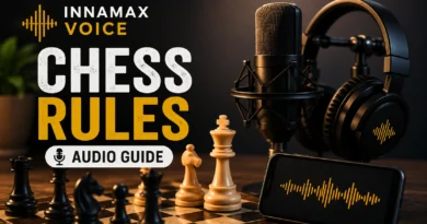 Chess सीखना चाहते हैं? पहले ये Audio Guide सुनिए Chess Rules Audio Guide by InnaMax Voice featuring a chessboard, microphone and headphones