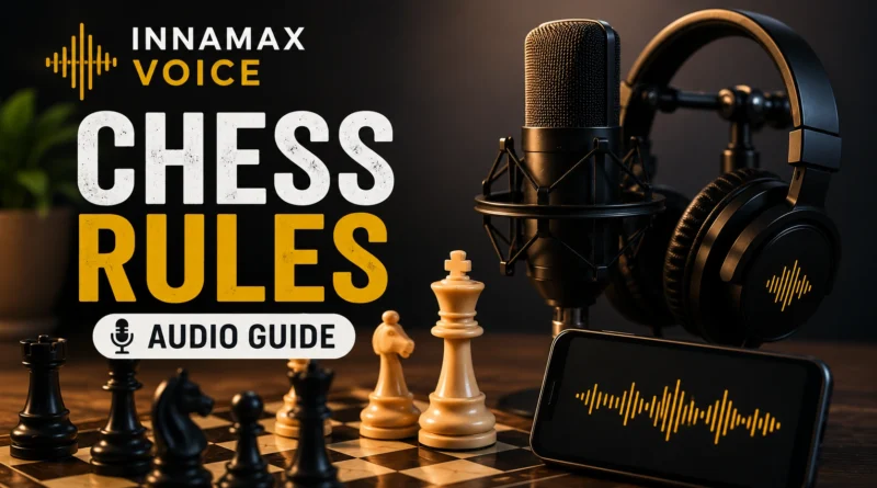 Chess Rules Audio Guide by InnaMax Voice featuring a chessboard, microphone and headphones