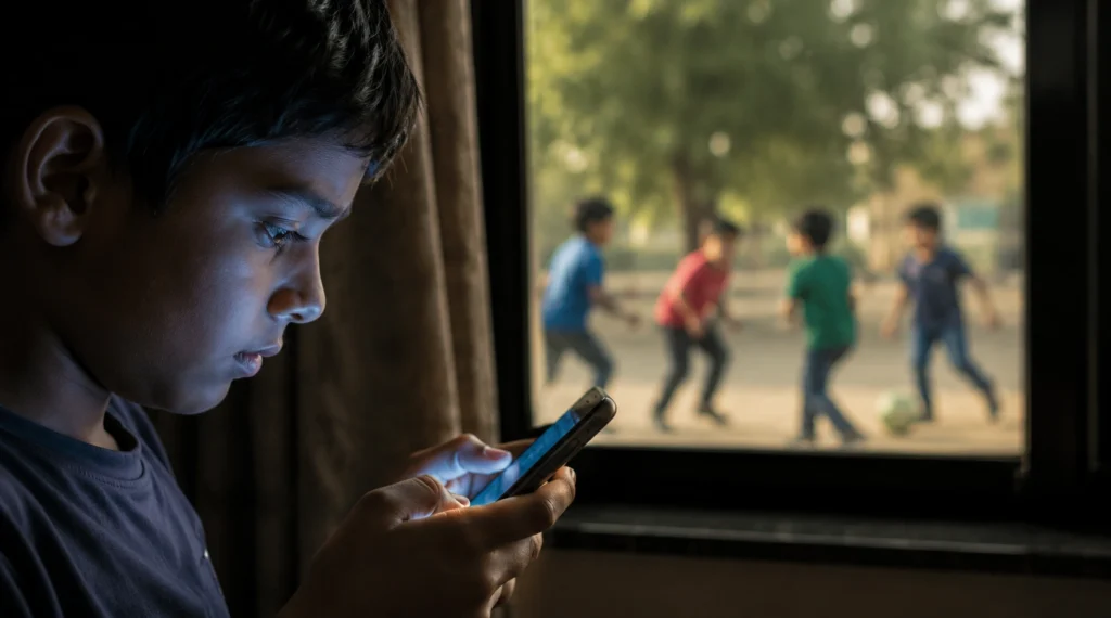 Indian child using a smartphone indoors while children play outside through a window