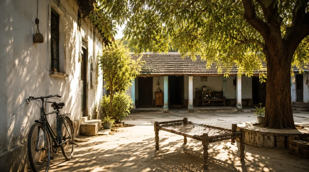 Traditional Indian courtyard with a neem tree, charpai and bicycle representing childhood memories and emotional attachment.