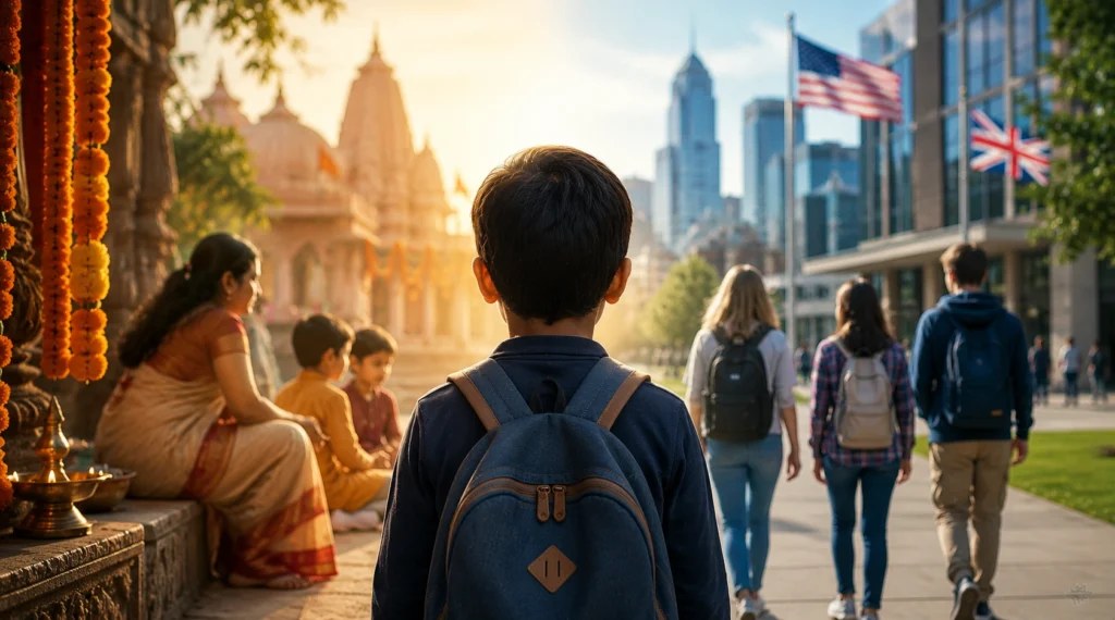 Child standing between Indian cultural roots and modern Western life