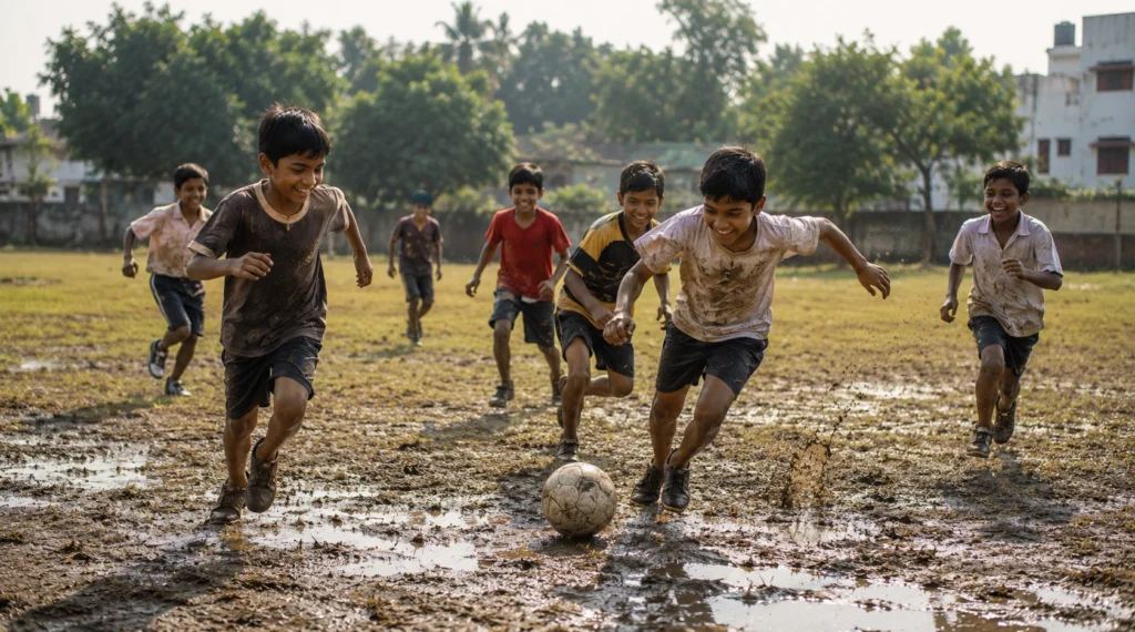 Happy Indian children playing football in a muddy playground under afternoon sunlight
