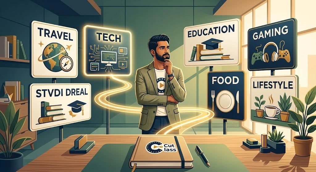 Creator deciding between multiple YouTube niches like tech, education, gaming and travel.