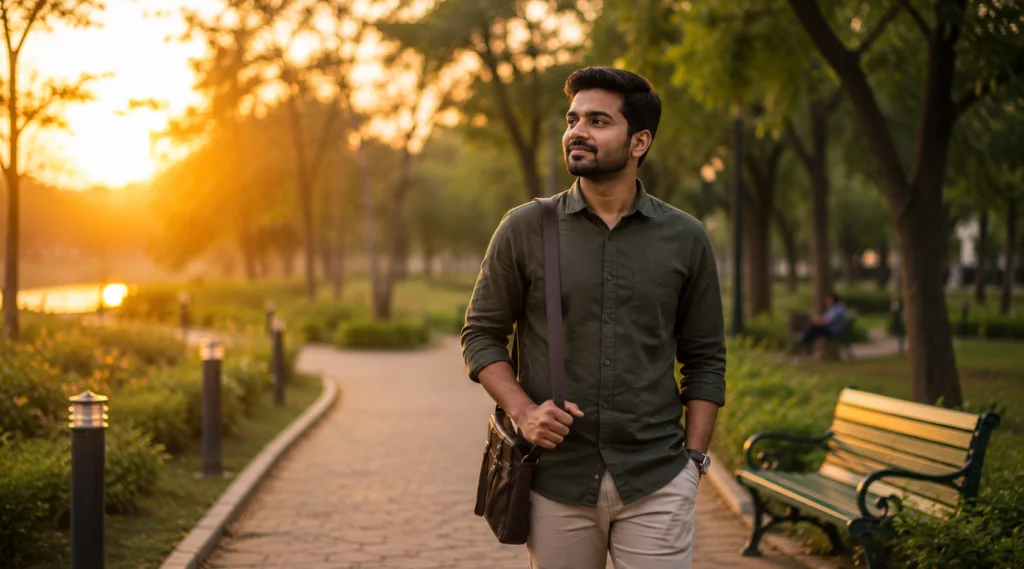 Young Indian professional walking peacefully through a park after leaving a stressful conversation behind.