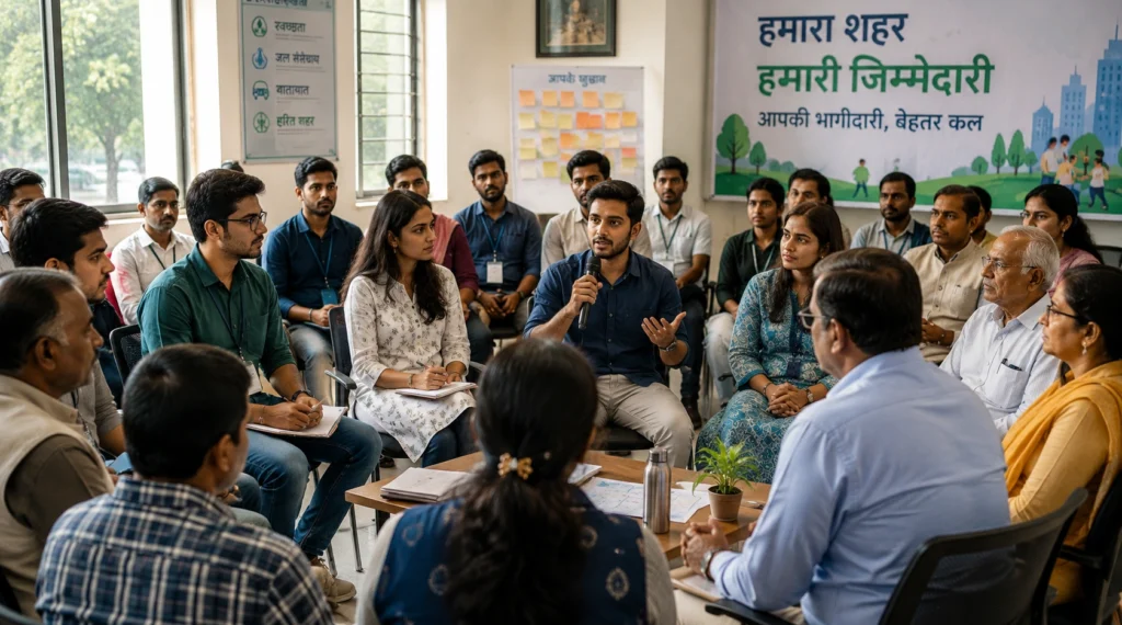 सार्वजनिक चर्चा में भाग लेते भारतीय नागरिक और युवा