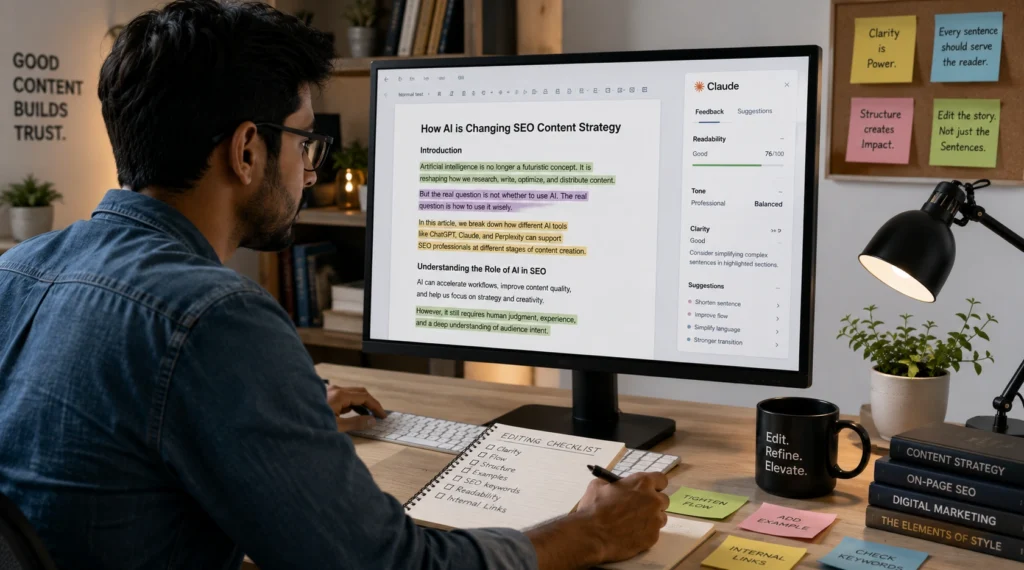 Professional editor improving article readability and structure using Claude