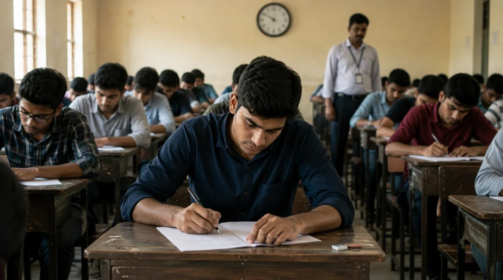 Students appearing for a competitive written examination at an Indian exam centre