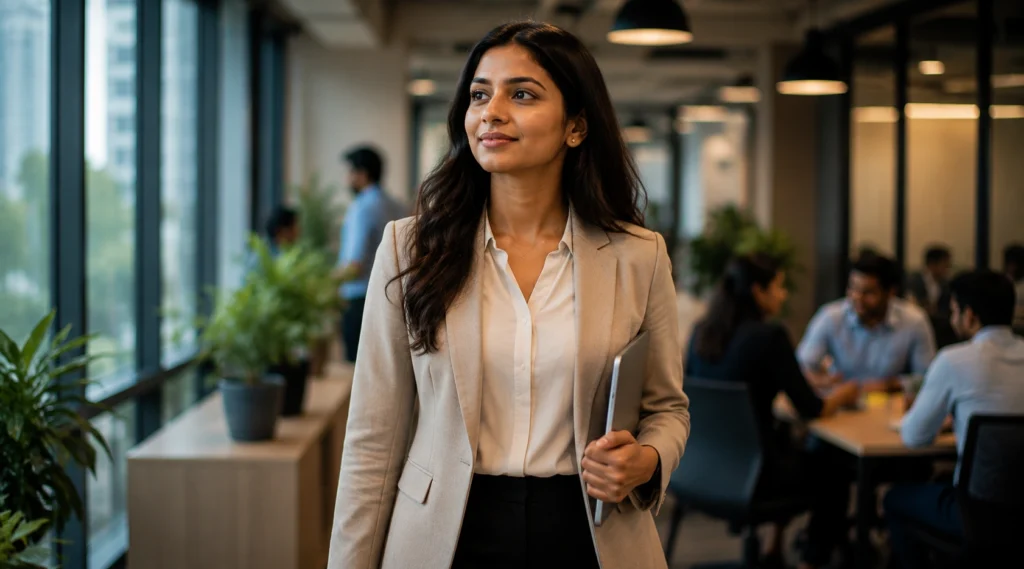 Young professional walking confidently through a modern office after a successful workplace conversation.