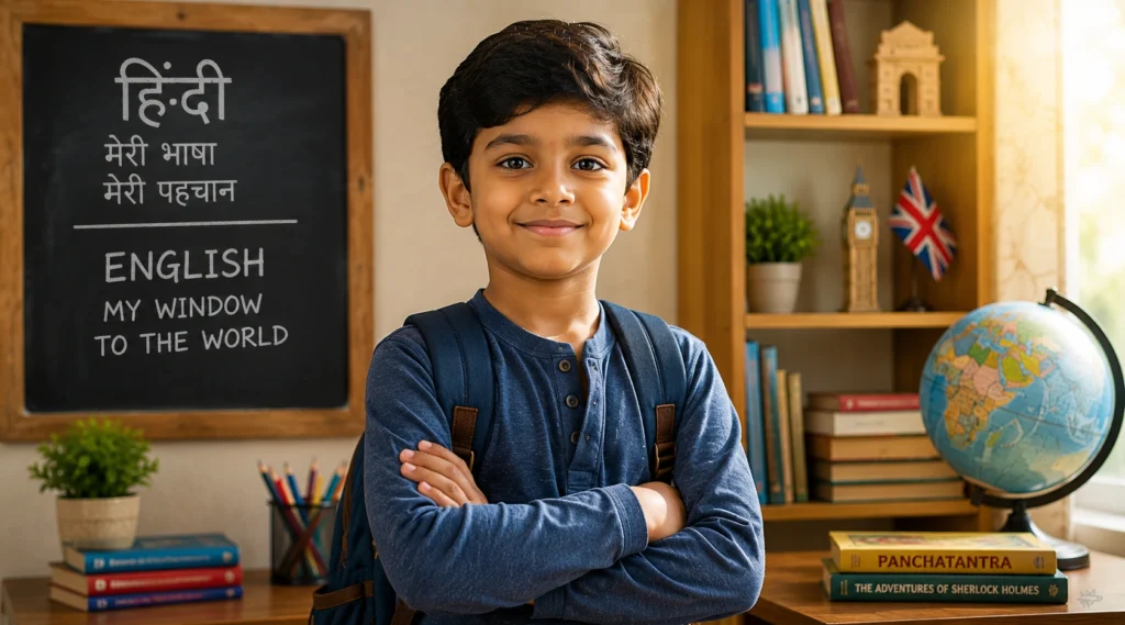 Confident bilingual child representing cultural identity and global confidence