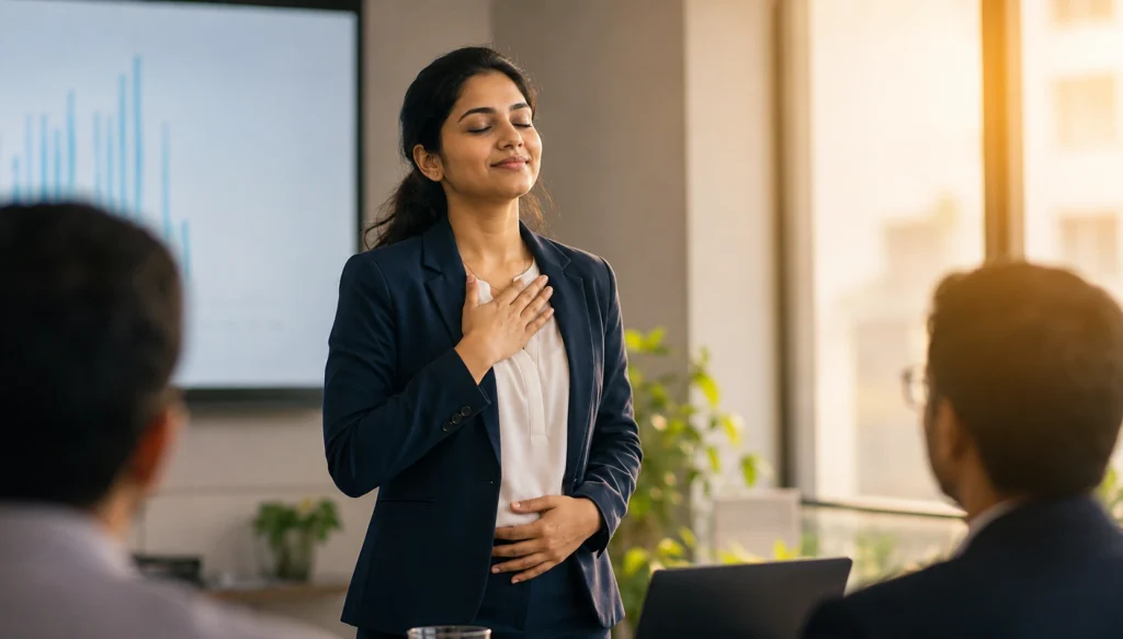 Young Indian professional confidently finishing a presentation after practicing controlled breathing