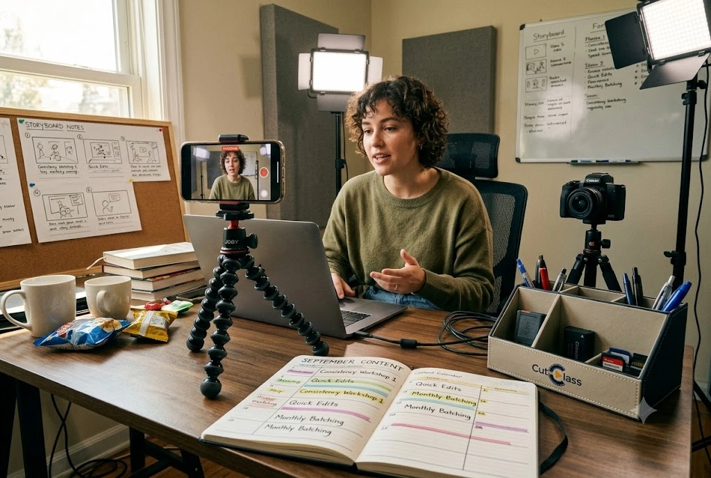 Creator planning multiple YouTube videos using a monthly content calendar and production workflow.