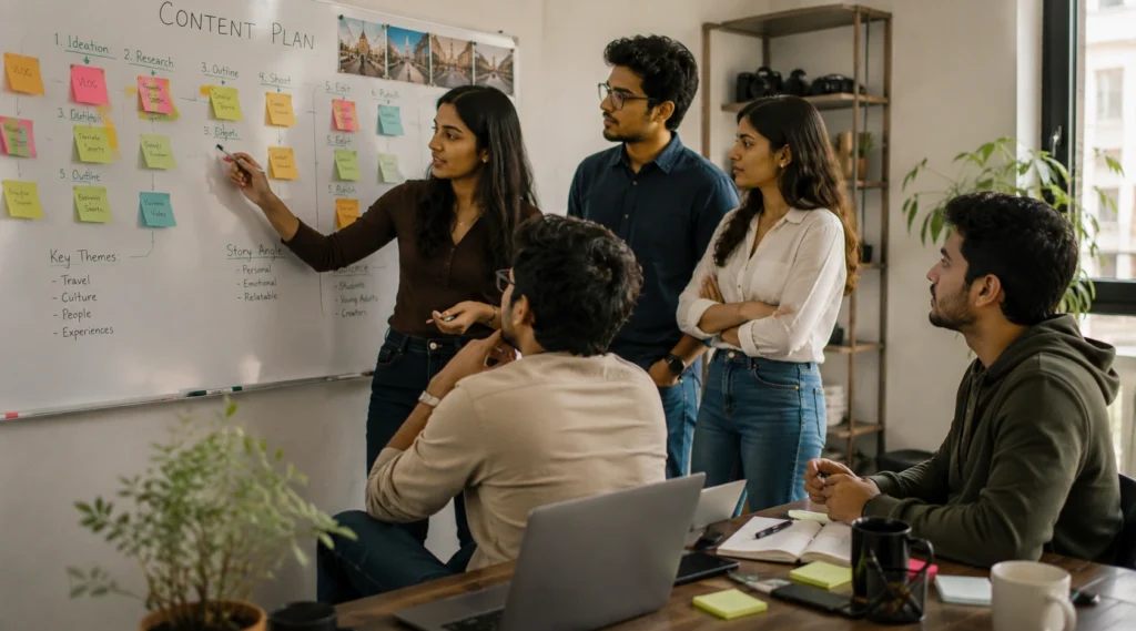 Indian creators brainstorming story ideas around a whiteboard with sticky notes