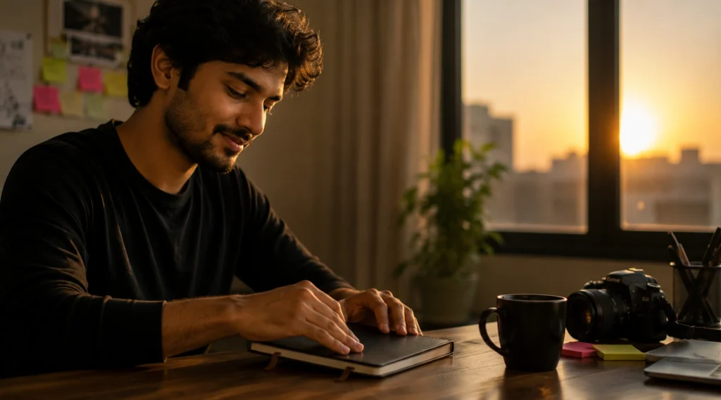 Indian creator closing a notebook after completing a story draft during sunset