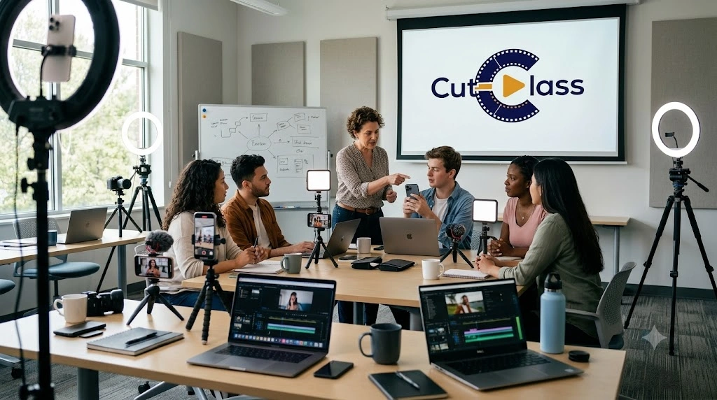 Students attending a hybrid YouTube content creation workshop at CutClass.