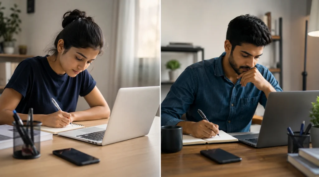 Indian student and professional working with complete focus in distraction-free environments using single-tasking.