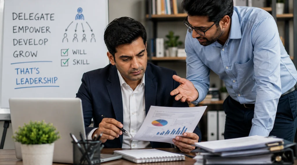 Manager coaching a team member while reviewing work together, representing effective delegation and leadership development.