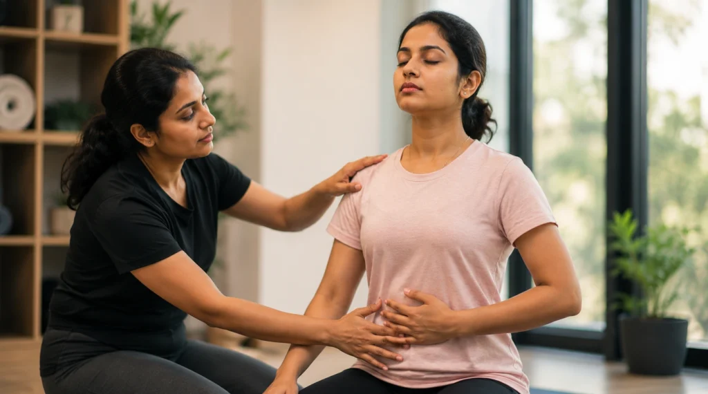 Instructor demonstrating relaxed diaphragmatic breathing posture to an Indian learner in a wellness studio