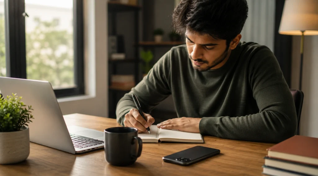 Smartphone placed face down while an Indian creator focuses on writing beside a laptop.