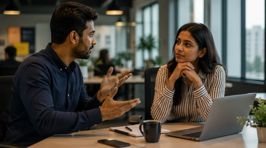 Two colleagues having a respectful workplace discussion with different viewpoints.
