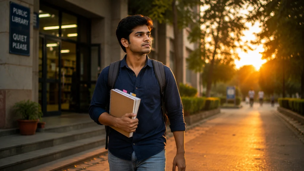 Young government job aspirant leaving a library confidently after disciplined preparation