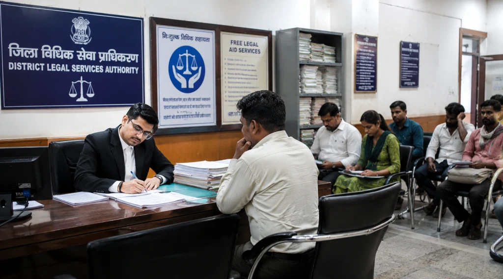 जिला विधिक सेवा प्राधिकरण कार्यालय में नागरिकों को कानूनी सहायता मिलती हुई।