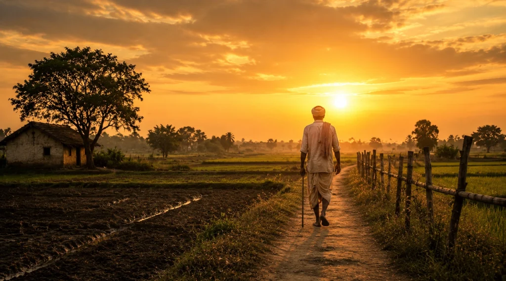 A lone farmer walking towards his fields at sunset, symbolizing the enduring legacy of Do Bigha Zamin.