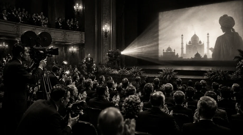Symbolic international film festival scene representing the global recognition of Indian cinema.