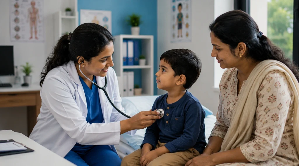Doctor speaking with an Indian mother during a routine child health check-up in Dublin