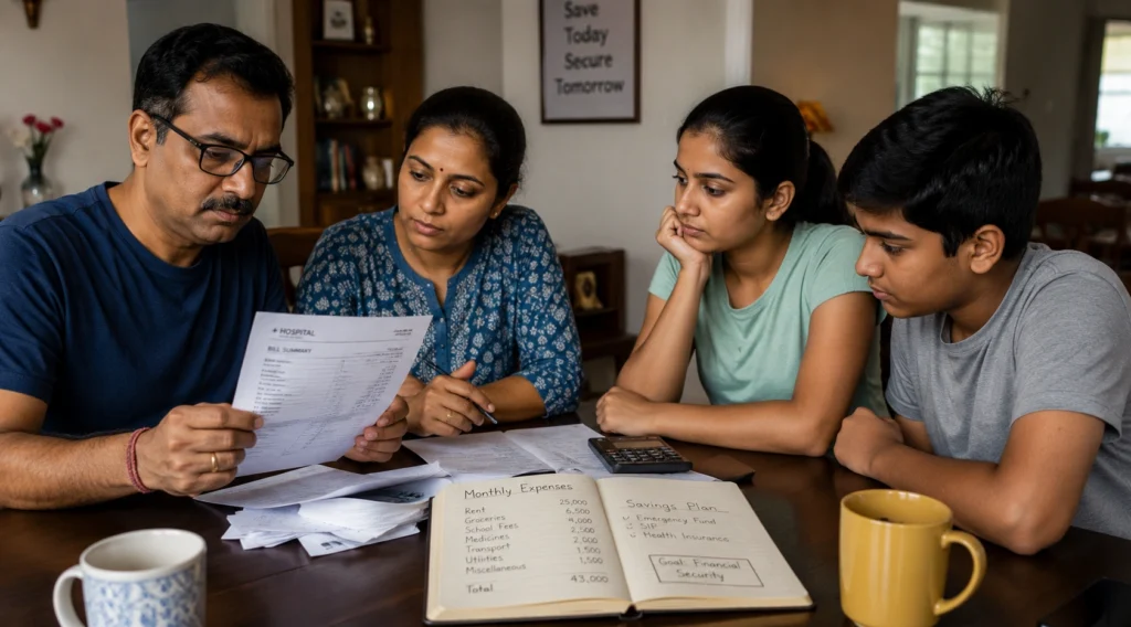 Indian middle-class family discussing medical bills and savings while planning an emergency fund at home.