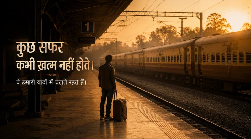 Traveler standing on an Indian railway platform at sunset, symbolizing emotional attachment, memories and life's journeys.