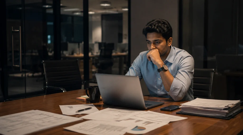 देर शाम office meeting room में अकेले काम करता employee