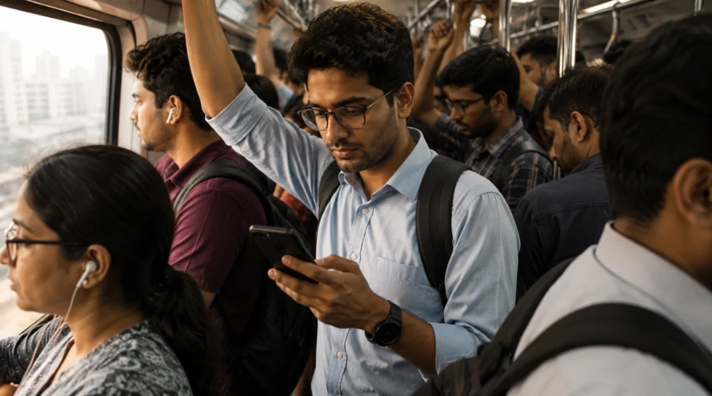 Metro में सफर करते हुए काम के संदेश देखते एक Indian employee