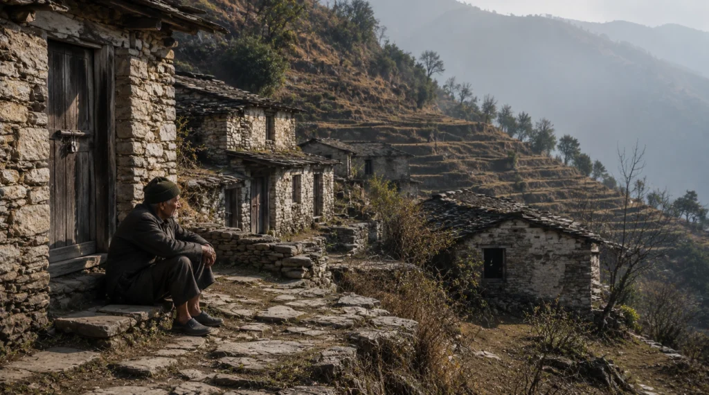 Locked stone houses and abandoned fields in a Himalayan village affected by Migration