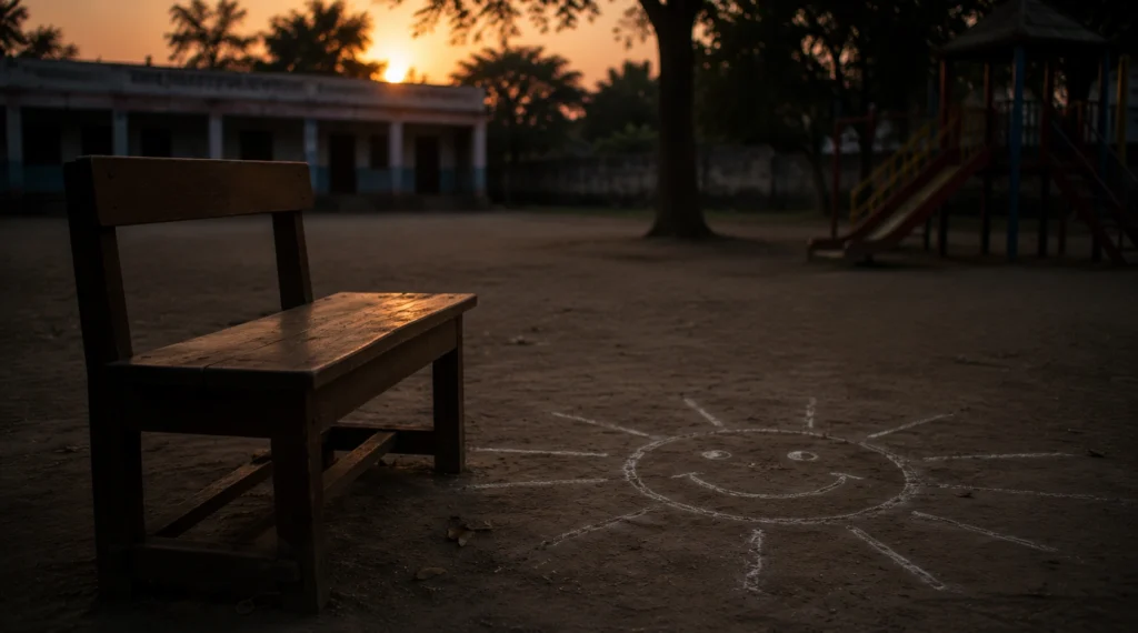 Empty wooden school bench beside a quiet playground at sunset with a chalk sun drawing