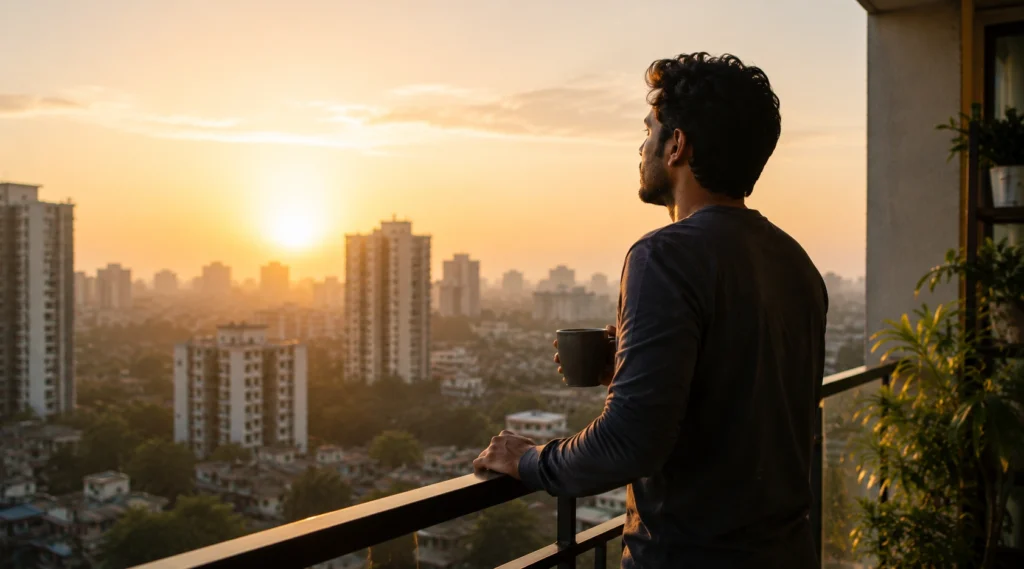 Professional standing on an apartment balcony at sunrise reflecting on money, success and contentment.