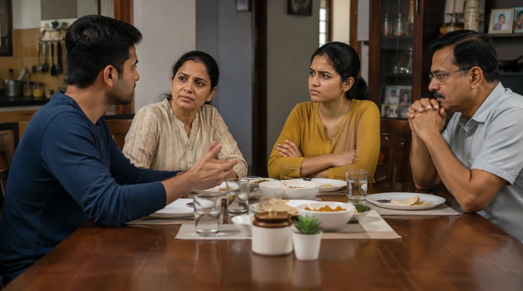 Indian family having a respectful but emotionally tense discussion at the dining table.