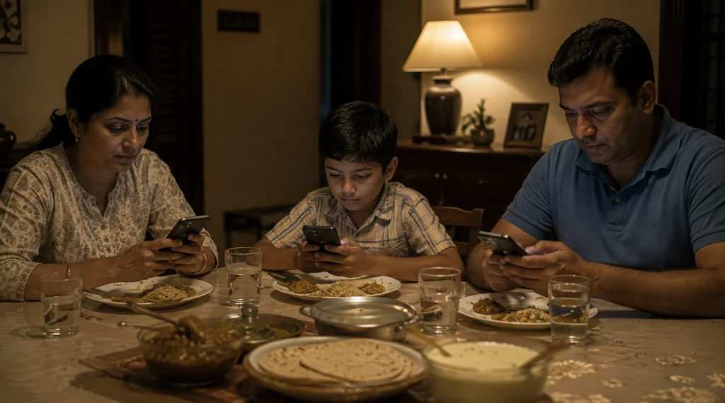 Indian family sitting together at dinner while each uses a smartphone