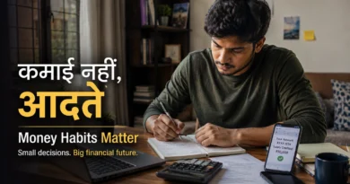 20s में Financial Freedom की शुरुआत: 7 Money Rules जो हर Young Adult को पता होने चाहिए Young Indian professional planning a monthly budget after receiving first salary, symbolizing financial freedom through better money habits.