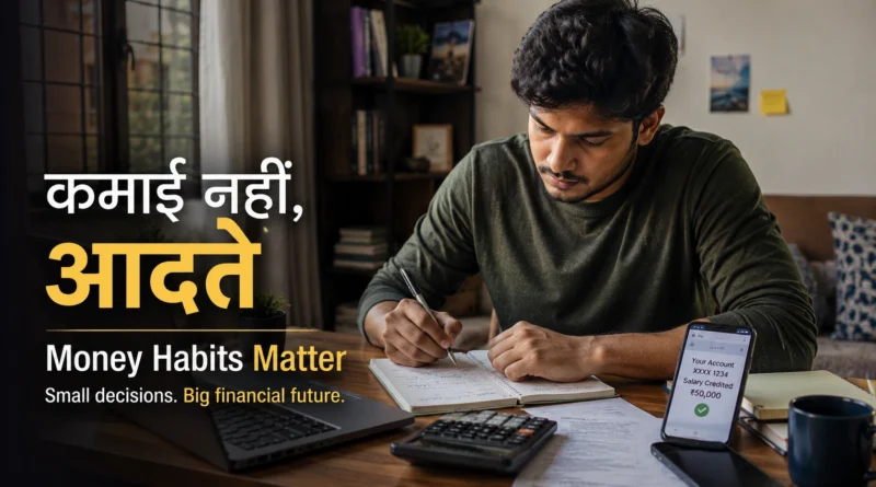 Young Indian professional planning a monthly budget after receiving first salary, symbolizing financial freedom through better money habits.